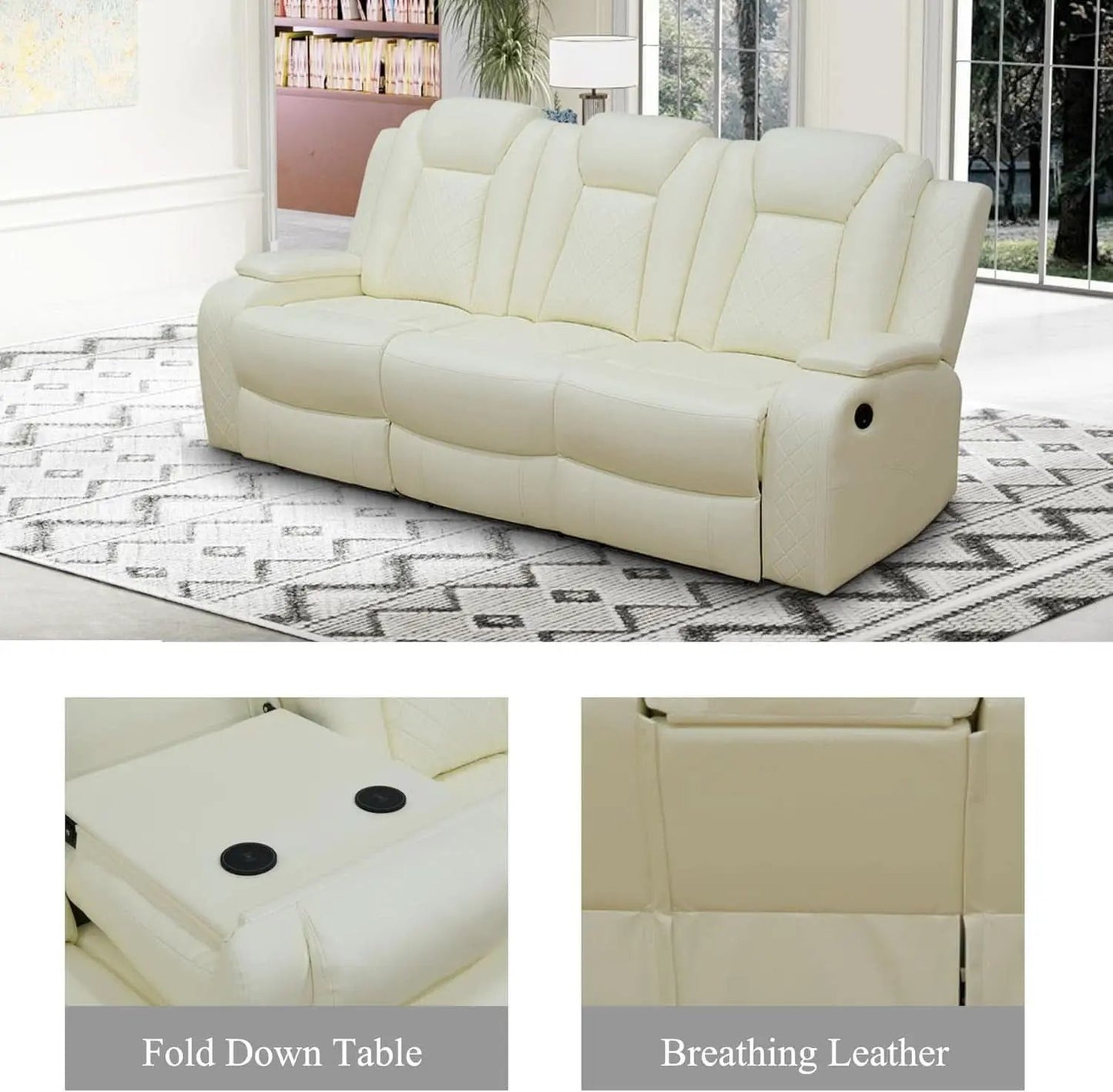 Leather Power Recliner Sofa Set Cream White With USB Port from PriceLows™