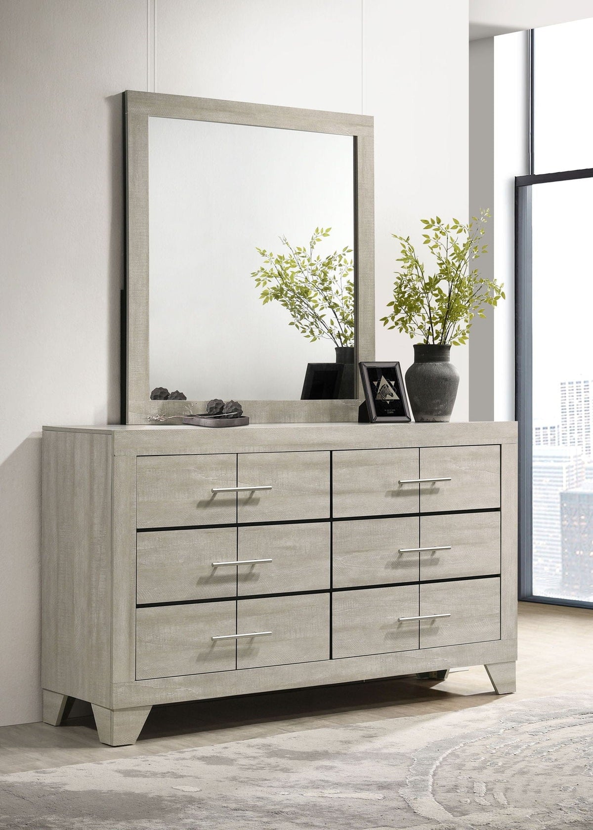 Trenton 6-drawer Bedroom Dresser With Mirror Rustic | 58.25 x 16.25 x 73 in | Metal & Veneer | Cream