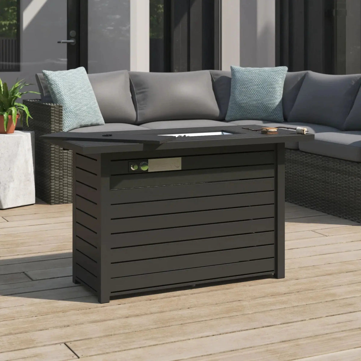 Black Fire Pit Table | 20 Inch Depth | Adjustable Flame | Durable Steel Construction