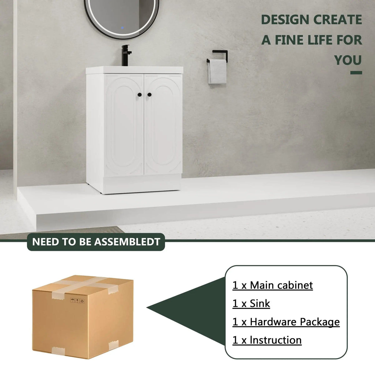 Contemporary Freestanding Bathroom Vanity With Resin Sink & Soft-Close Cabinet Doors | 7 Pieces | Stainless Steel & Plywood | Bathroom