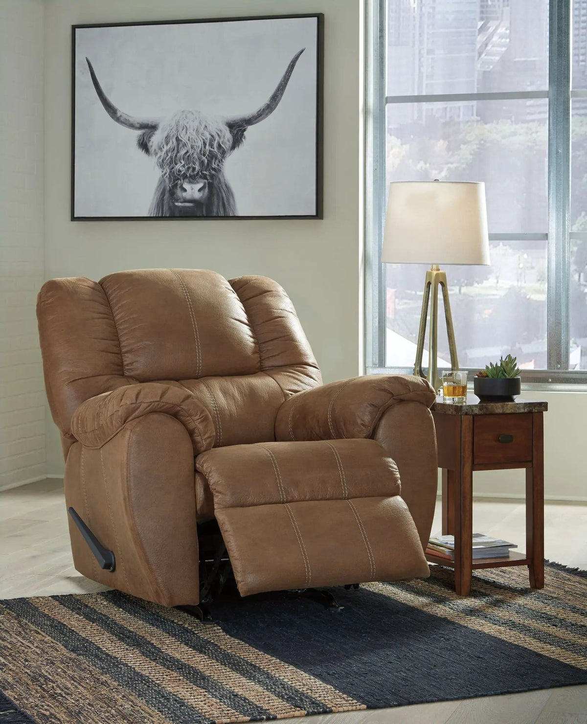 McGann Rocker Recliner | Leather Look Fabric Feel | Jumbo Stitching | Thick Cushioning