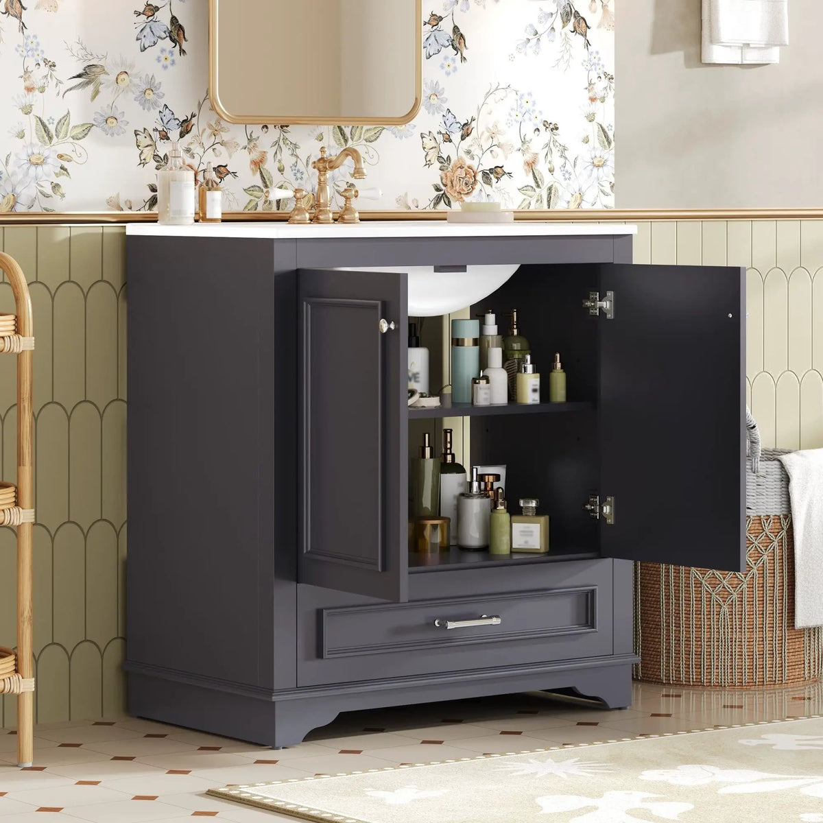 30 Inch Bathroom Vanity | Poplar Wood Frame | 2 Soft Closing Doors | Adjustable Shelf