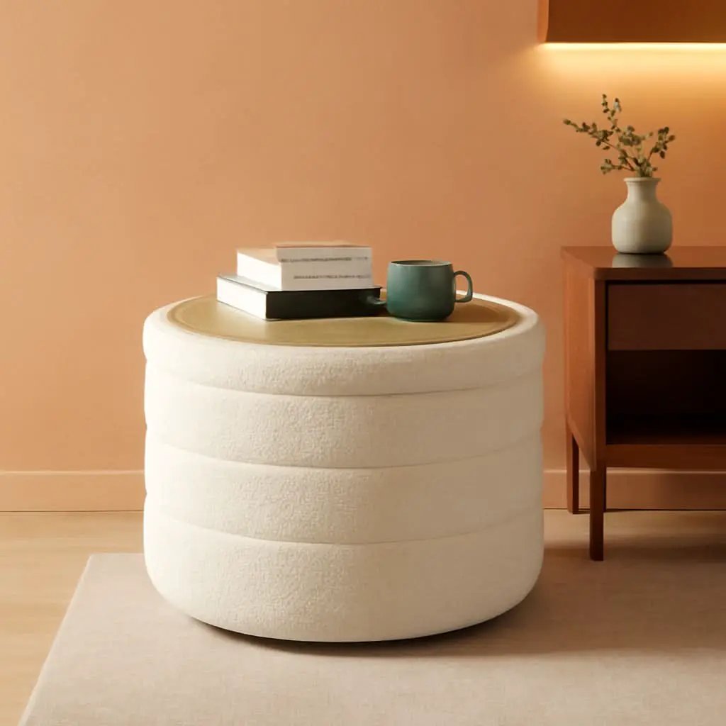 White Round Storage Ottoman Ultra Durable Cozy Elegant from PriceLows™