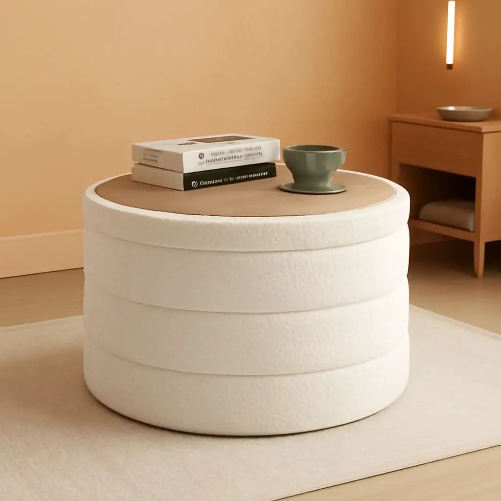 Rounded White Luxurious Boucle Storage Ottoman Lid from PriceLows™