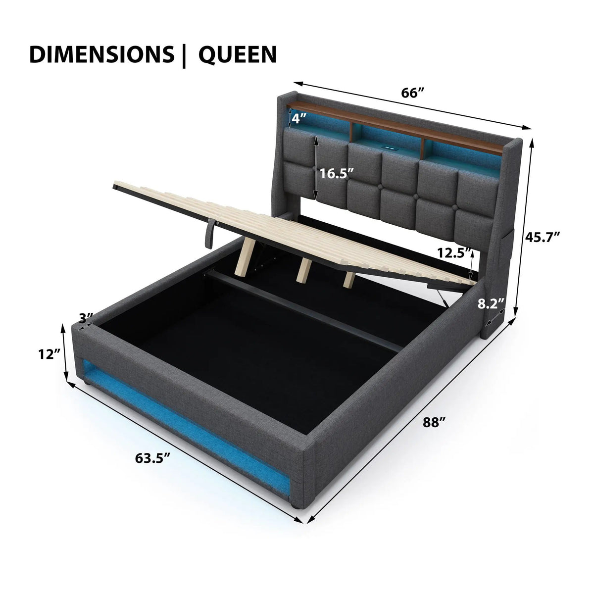 Upholstered Platform Bed | Hydraulic Storage System | LED Lighting | USB Charging Port