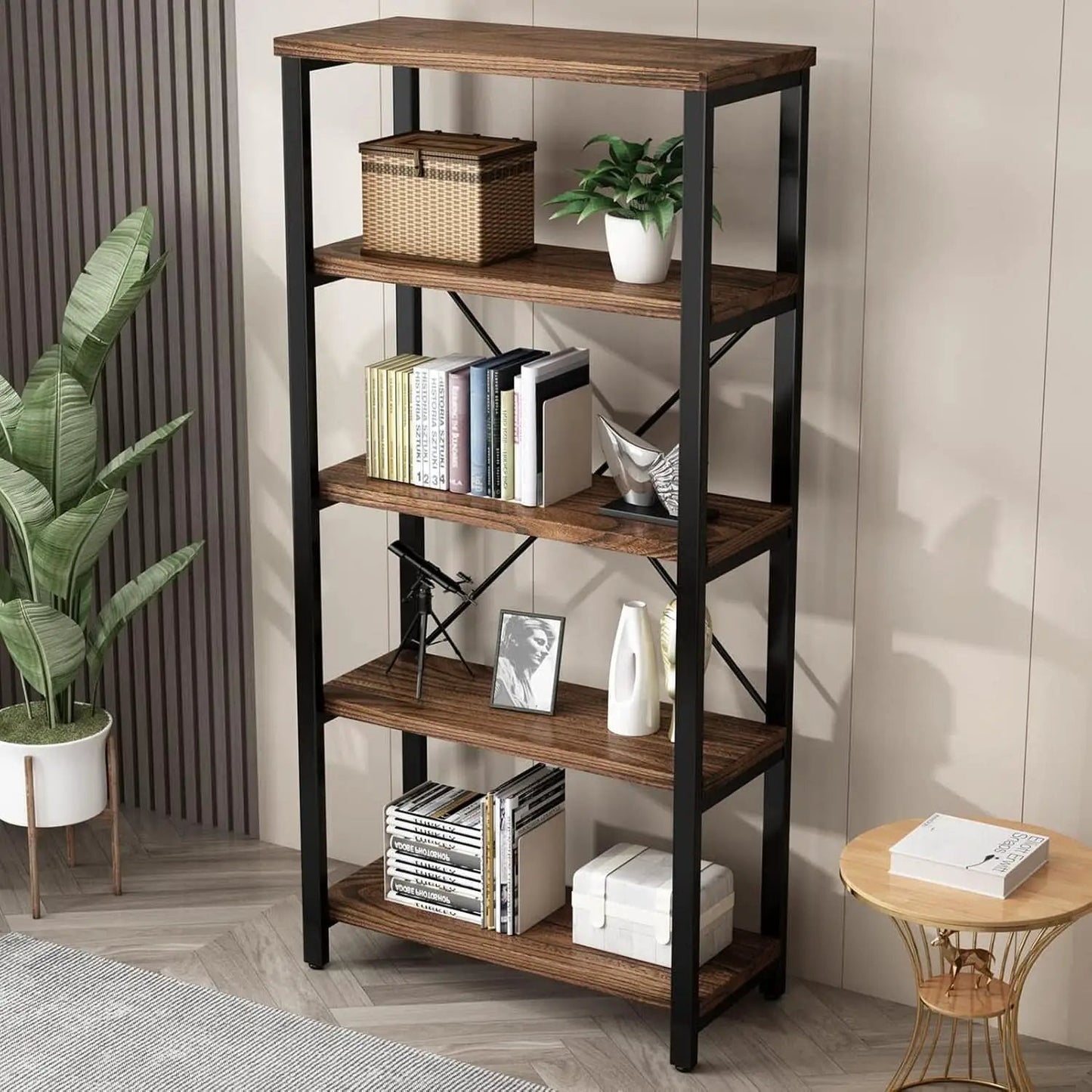 5 Tier Industrial Solid Wood Bookcase With Metal Frame from PriceLows™