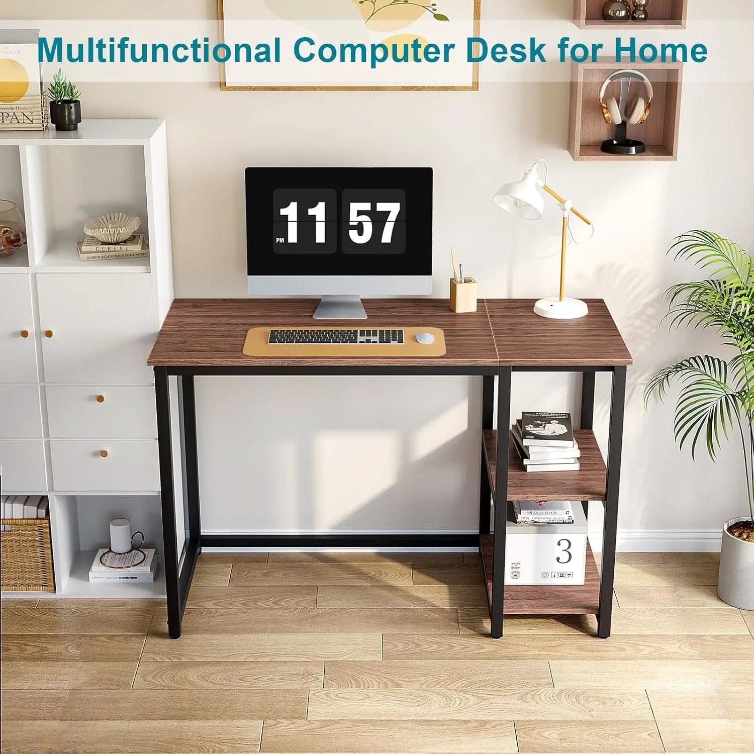 40 Inch Computer Desk With 2 Shelves Brown Sturdy Home Office Gaming Desk from PriceLows™
