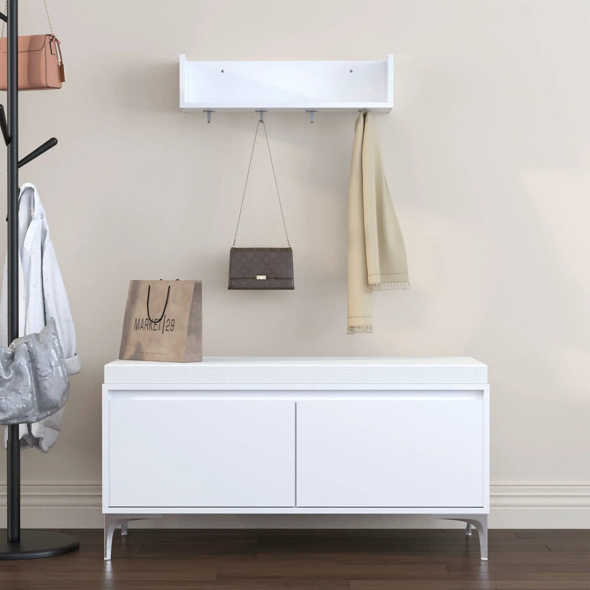 Wall Mounted Entryway Shelf With Hooks And Storage Bench Set - | 39.37 x 15.75 x 19.49 in | Metal & Wood | Off White