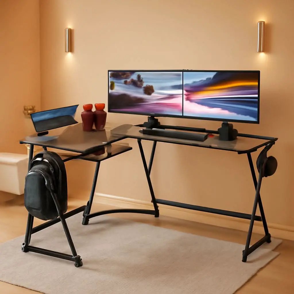 Vista Rustic Brown L Shaped Desk With Monitor Stand from PriceLows™