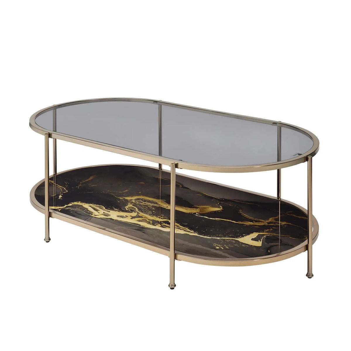 Fiorella Marble Print Glass Coffee Table | Metal Frame | Lower Shelf | 50 Inch Width