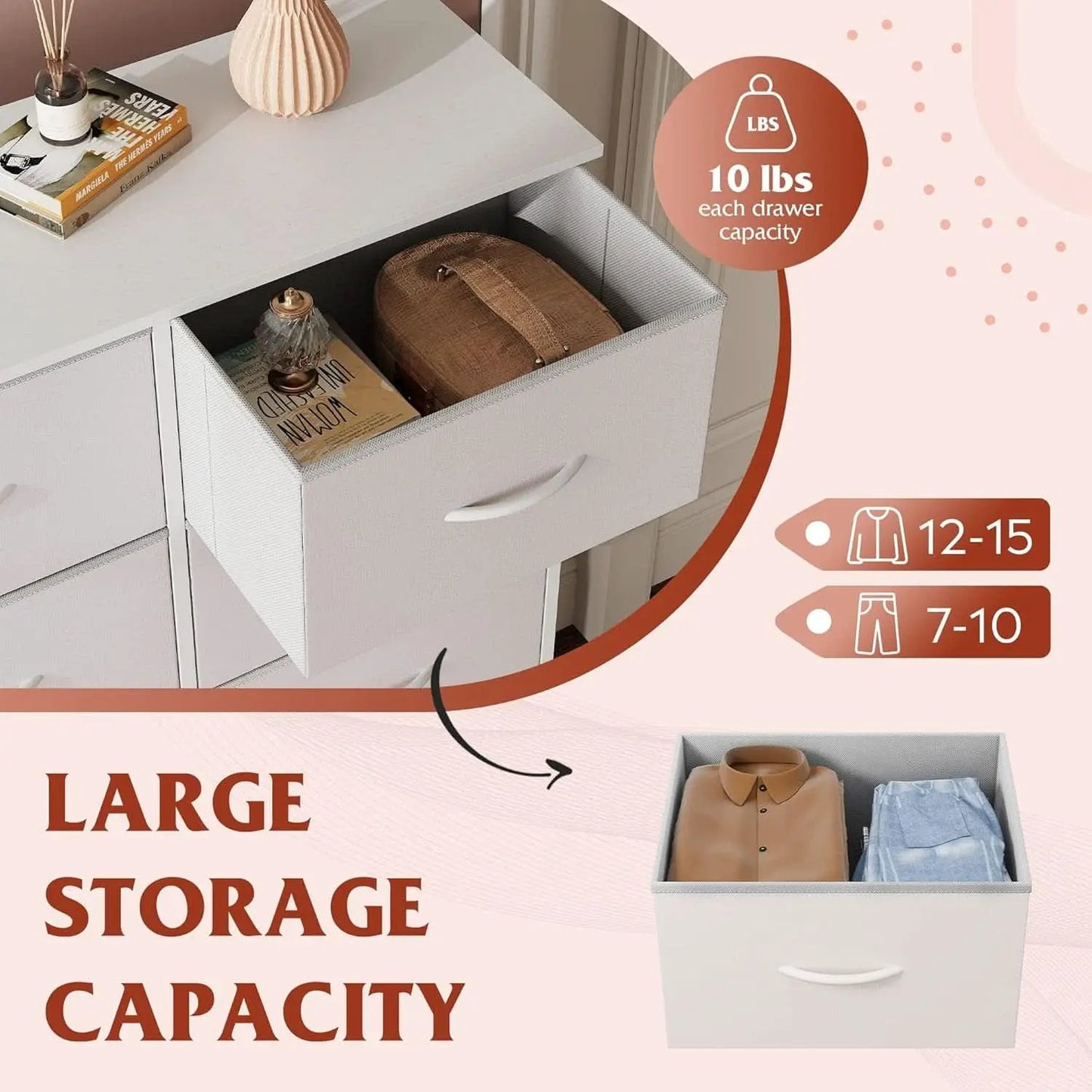 Fabric Dresser With 10 Drawers In White For Bedroom Storage from PriceLows™