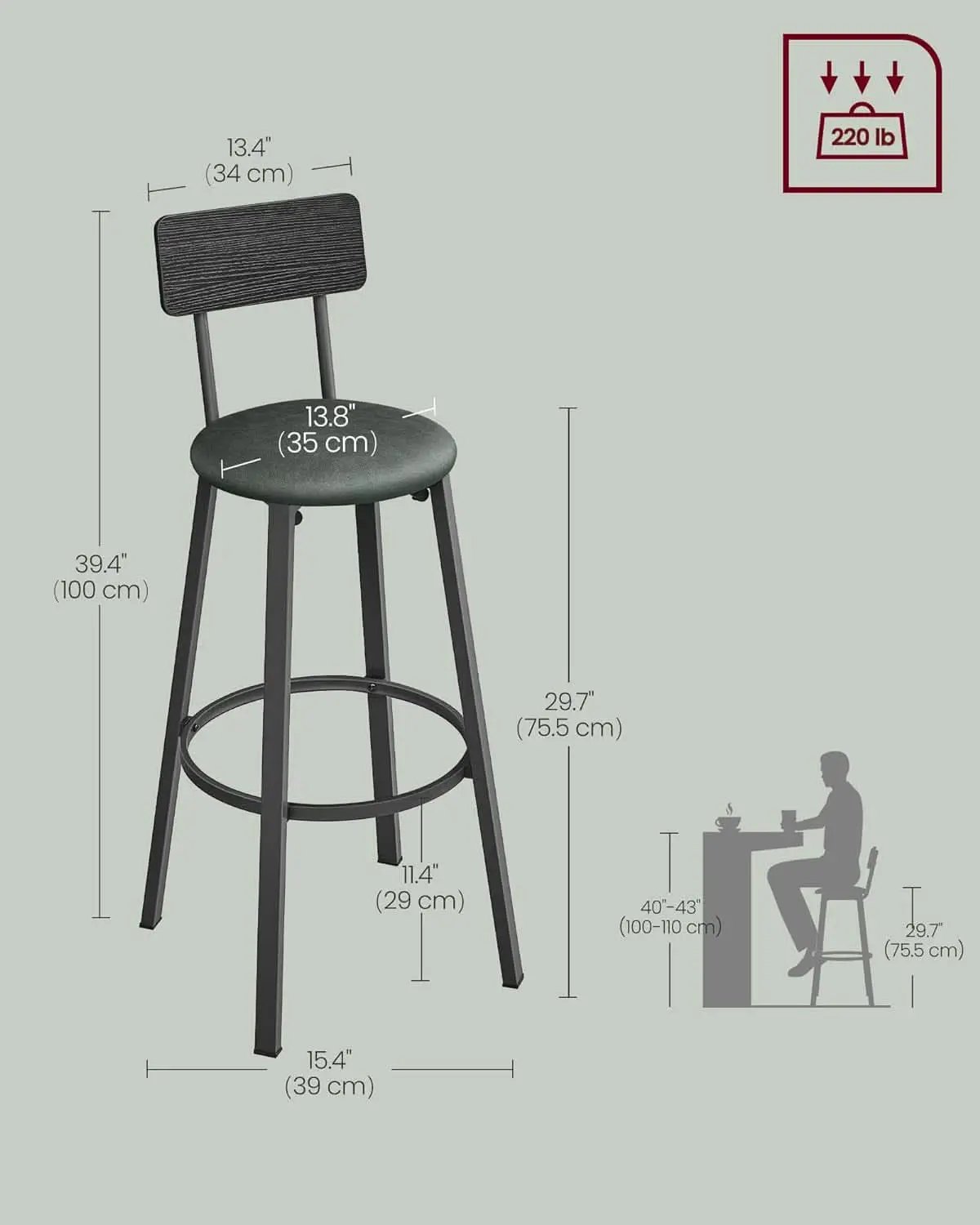 29.7 Inch PU Bar Stools Set Of 2 With Backrest And Footrest from PriceLows™