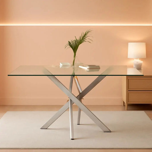 Tempered Glass Dining Table With Chromed Legs 47In White Silver from PriceLows™
