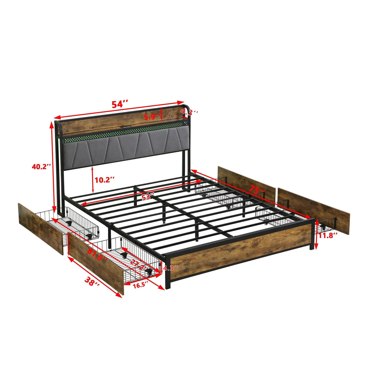 Modern Storage Bed Frame | LED Lights With Remote | Upholstered Headboard | USB Charging Station