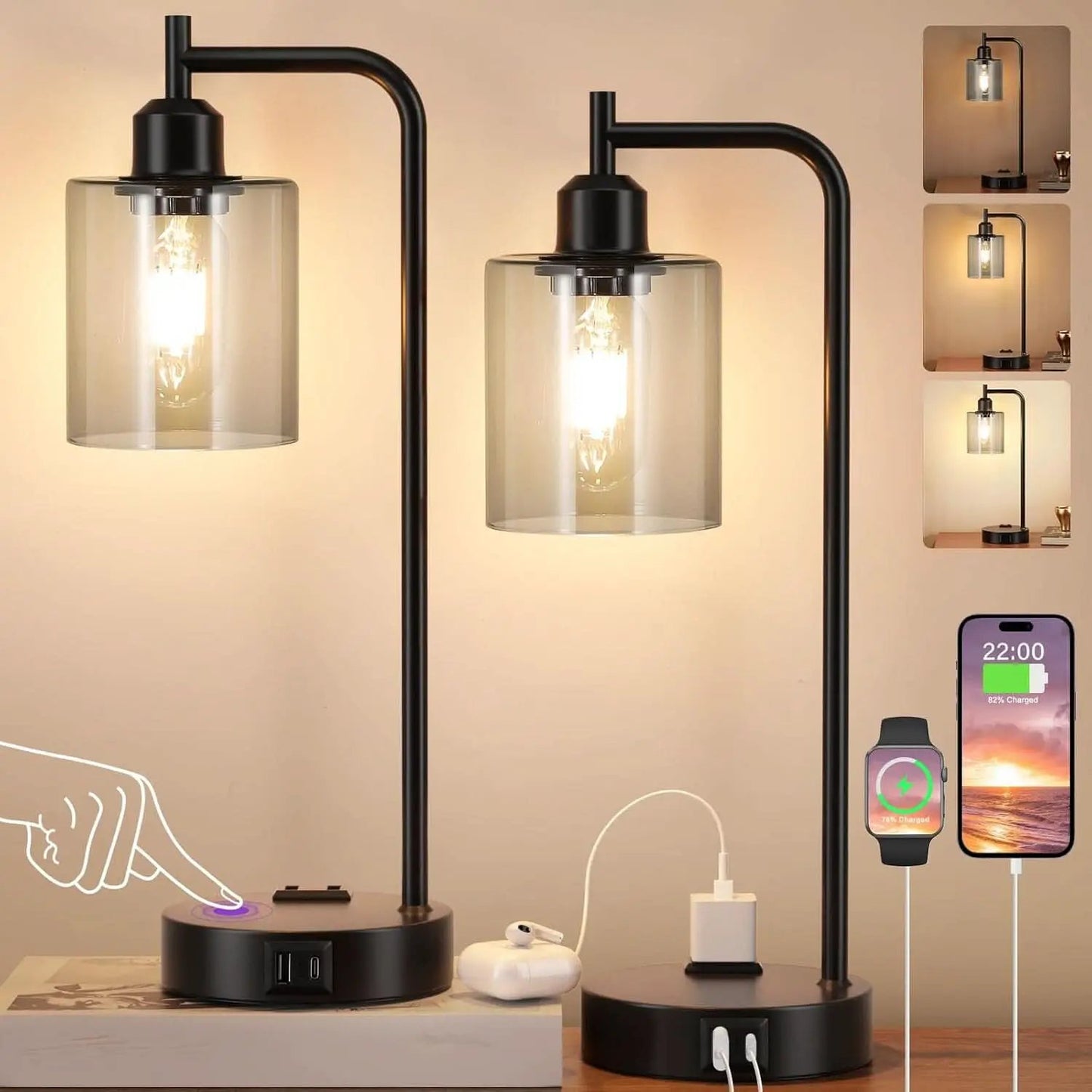 3-Way Dimmable USB Table Lamps With Gray Glass Shade Pair from PriceLows™