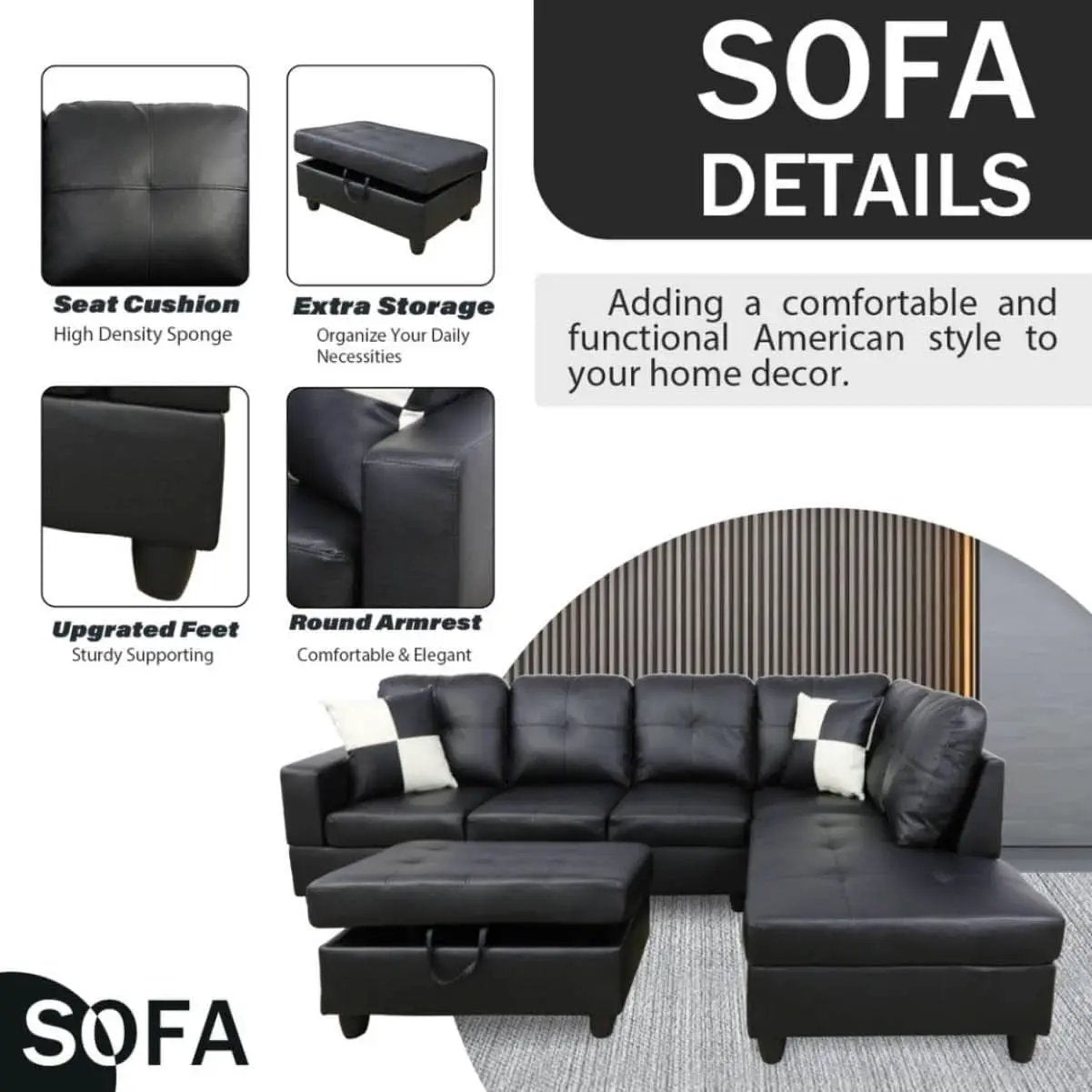 Black L Shaped 3 Piece Faux Leather Sofa Set With Storage Ottoman from PriceLows™