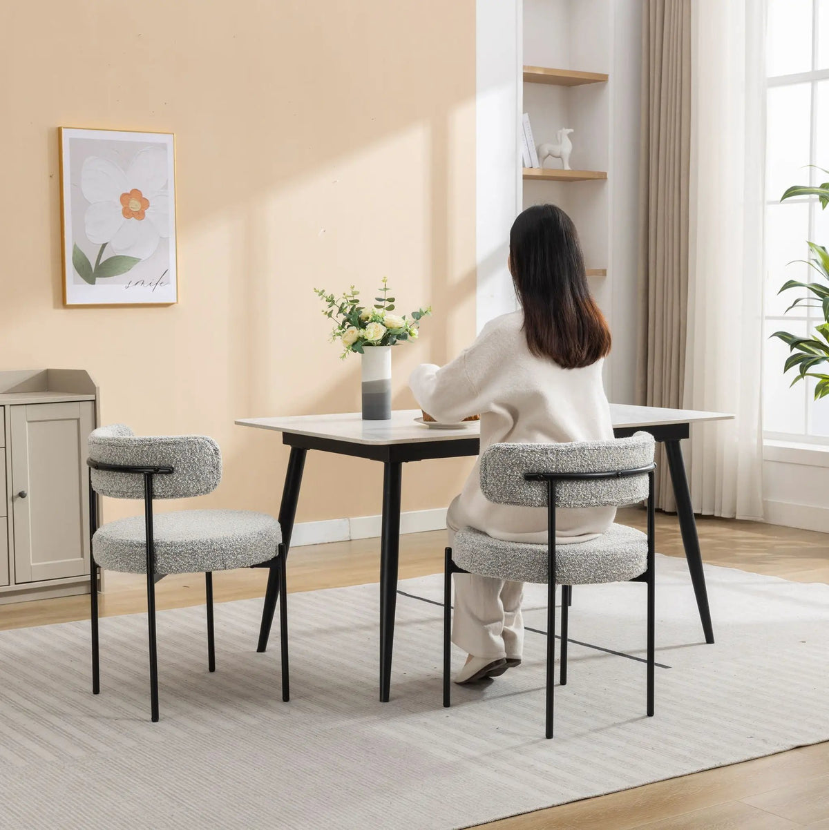 Burbank Round Boucle Dining Chairs | Set Of 2 | Black And White | Curved Design