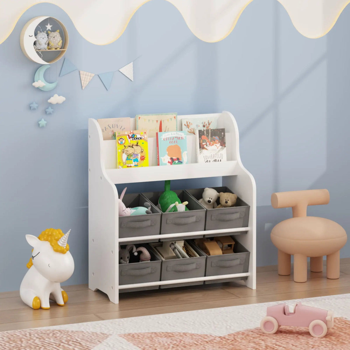 Bookshelf | 3 Open Shelves | 6 Storage Bins | White