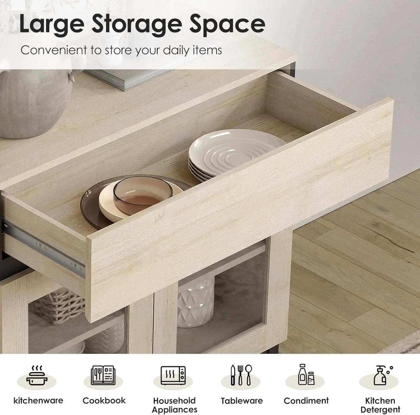 Light Oak Glass Doors Sideboard With Drawers For Dining from PriceLows™