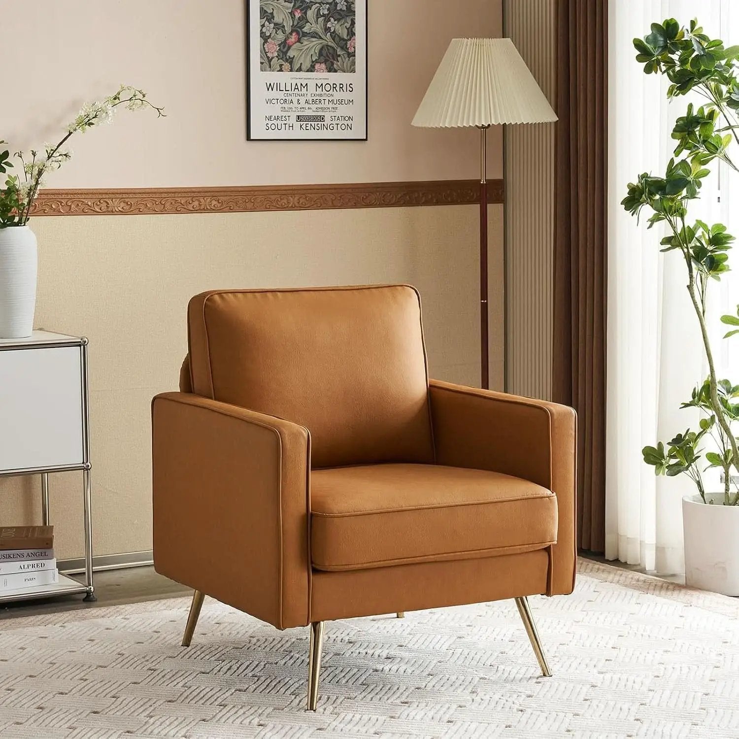Brown PU Leather Accent Chairs Set Of 2 With Gold Legs from PriceLows™