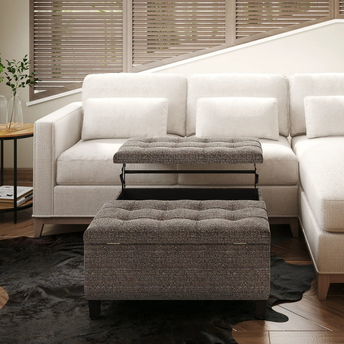 Coffee Table Storage Ottoman | Lift Top Hinge | Solid Wood Base | Large Square