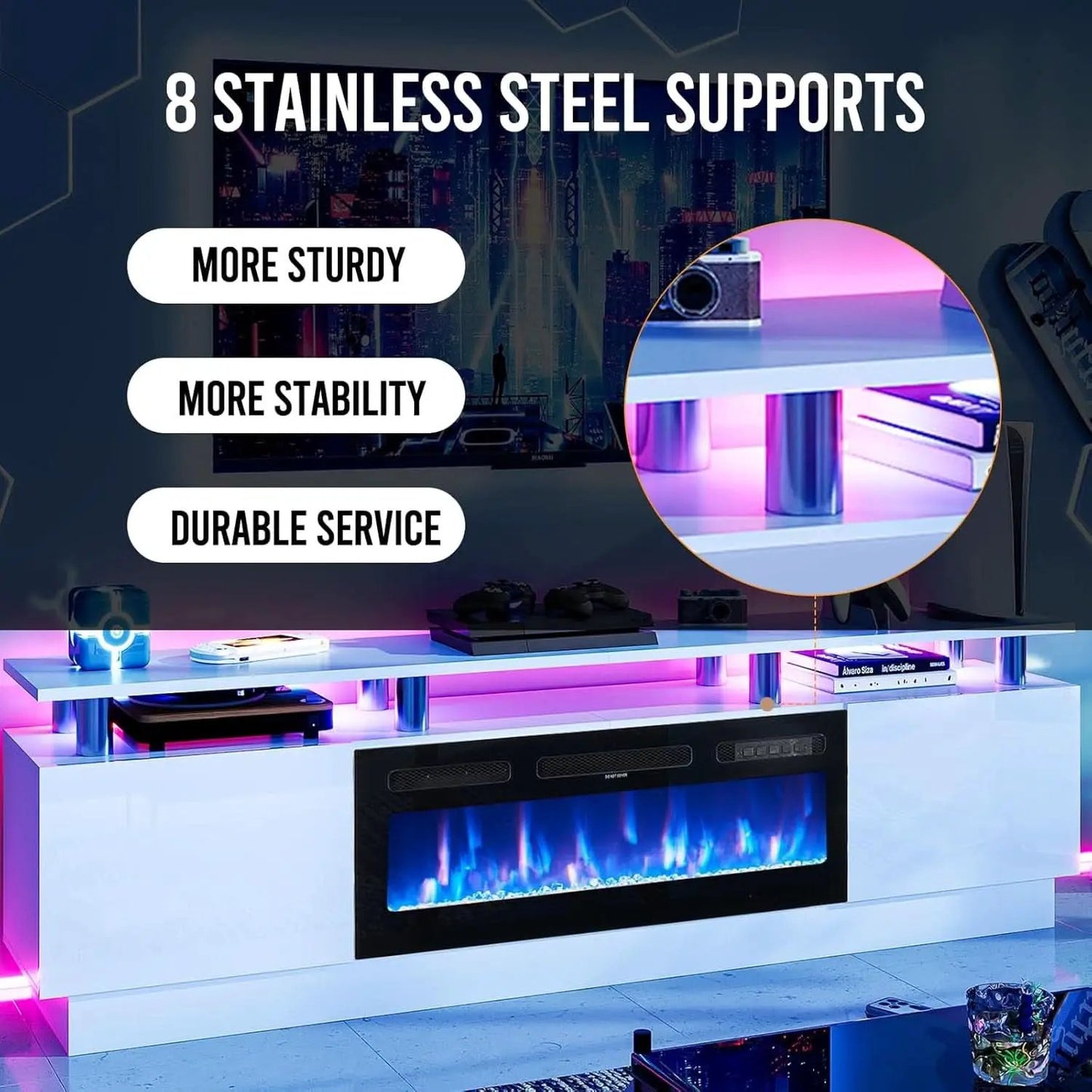 80 Inch White Electric Fireplace TV Stand With LED Lights from PriceLows™