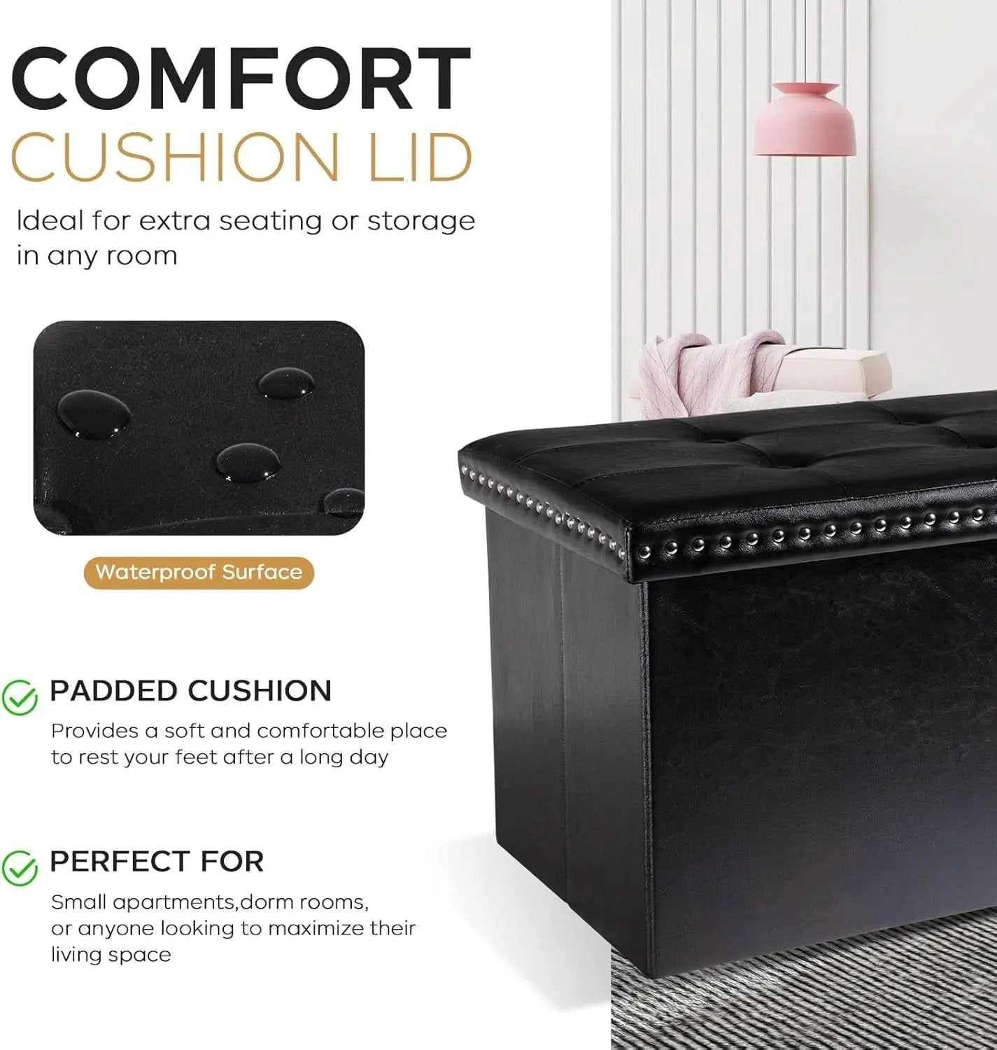 Faux Leather Folding Storage Ottoman 30 Inch Size Black from PriceLows™
