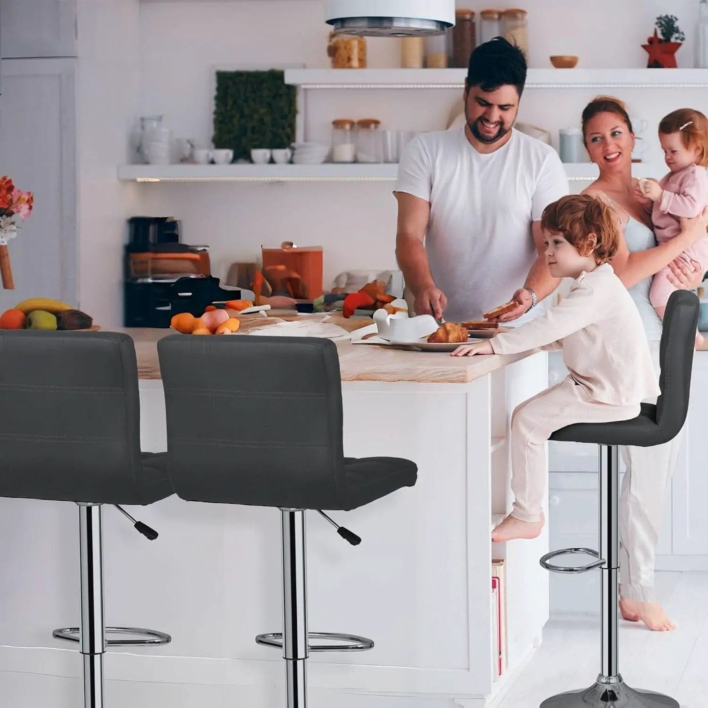 Set Of 4 Adjustable Swivel Barstools In Grey PU Leather from PriceLows™