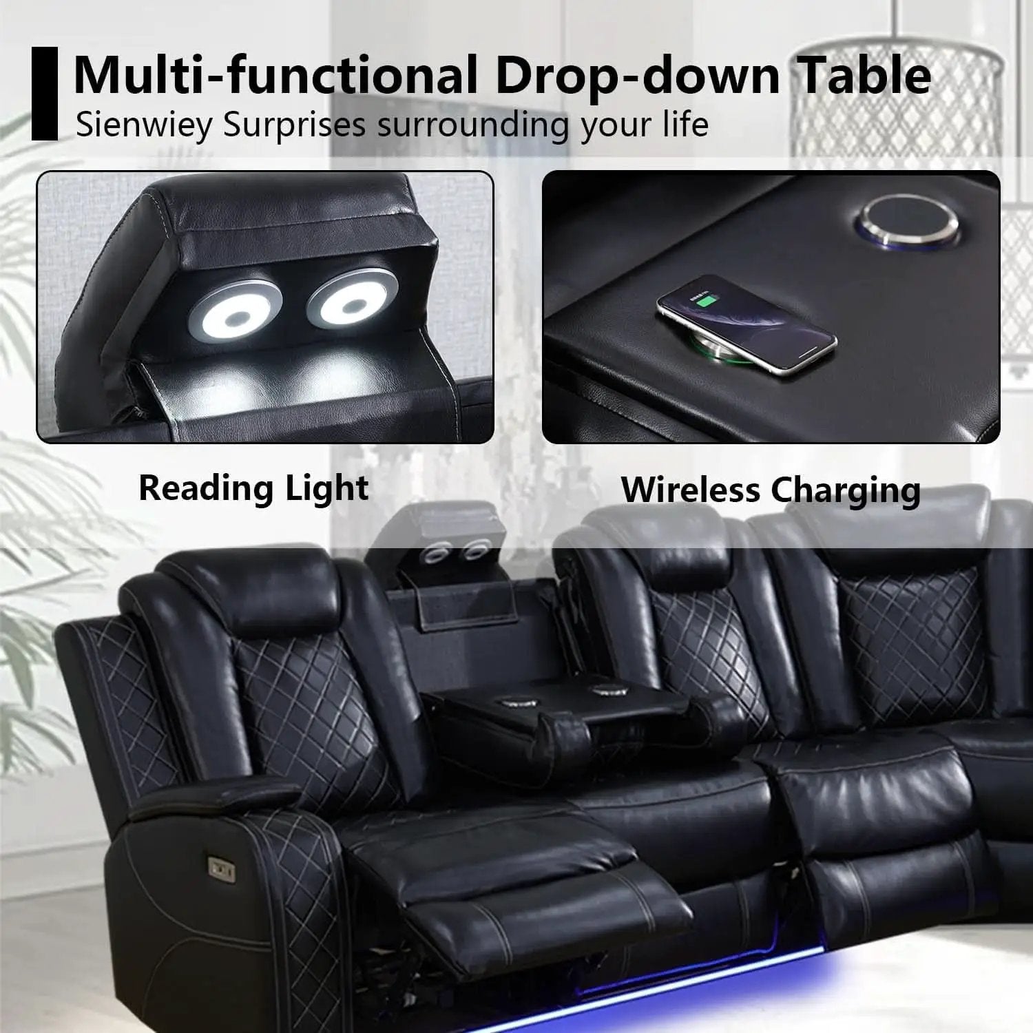 Black Leather Power Reclining Sectional Sofa Living Room from PriceLows™
