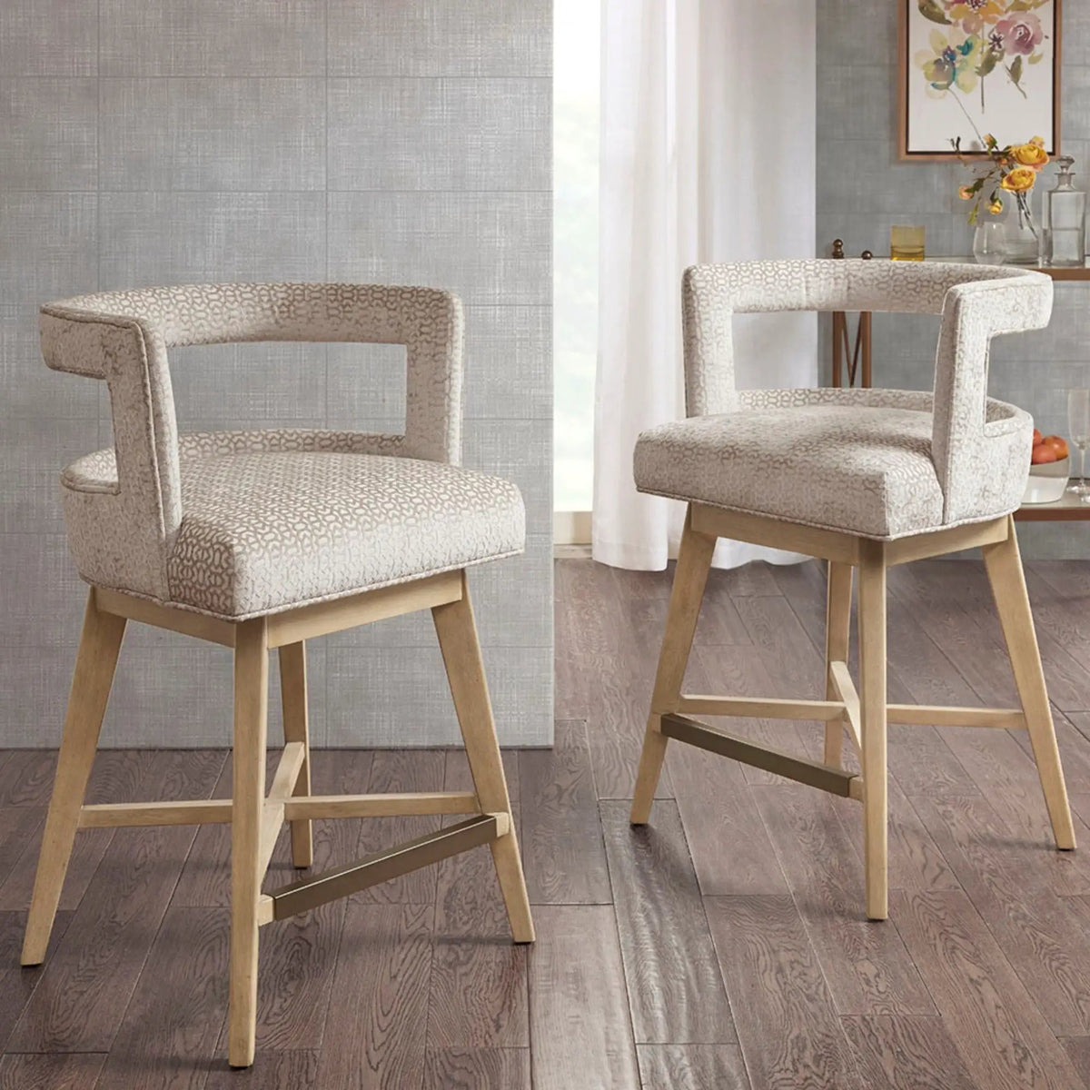 Swivel Counter Stool | Cream Polyester | Low Back Support | Bronze Metal Kickplate