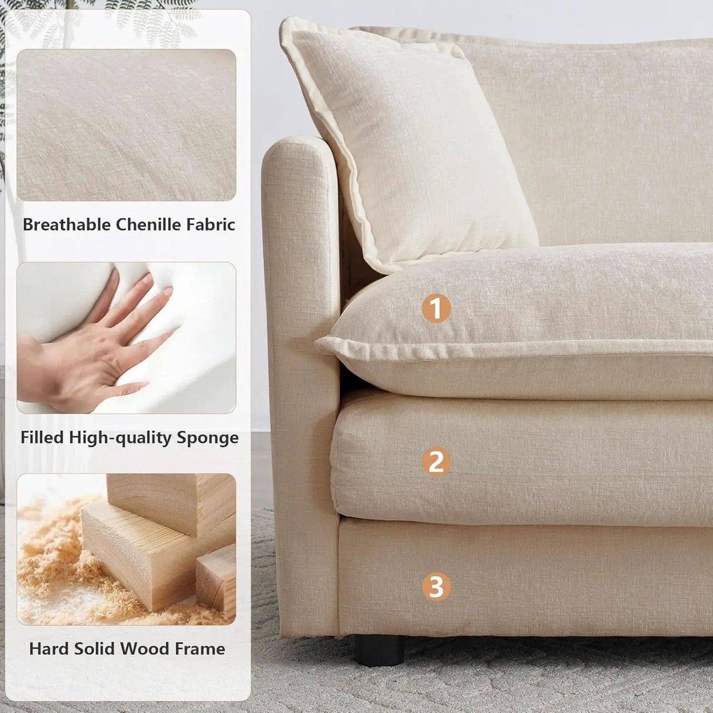 Chenille 76 Inch Loveseat Sofa Light Coffee Armrest Pillows from PriceLows™