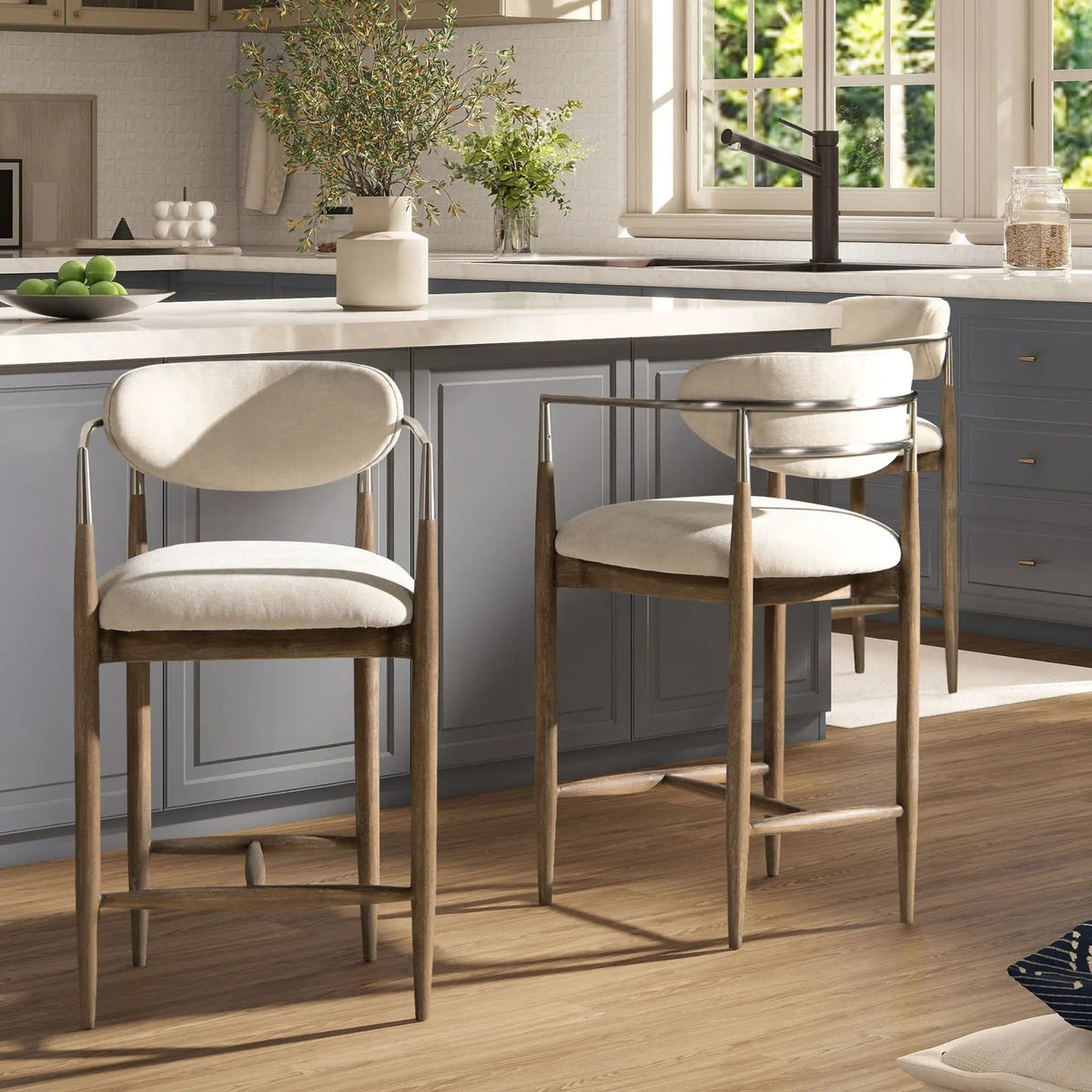 Artemis Mixed Material Upholstered Counter Stool Counter Height (24"-27") | 21 x 21 x 37 in | Rubberwood | Warm White