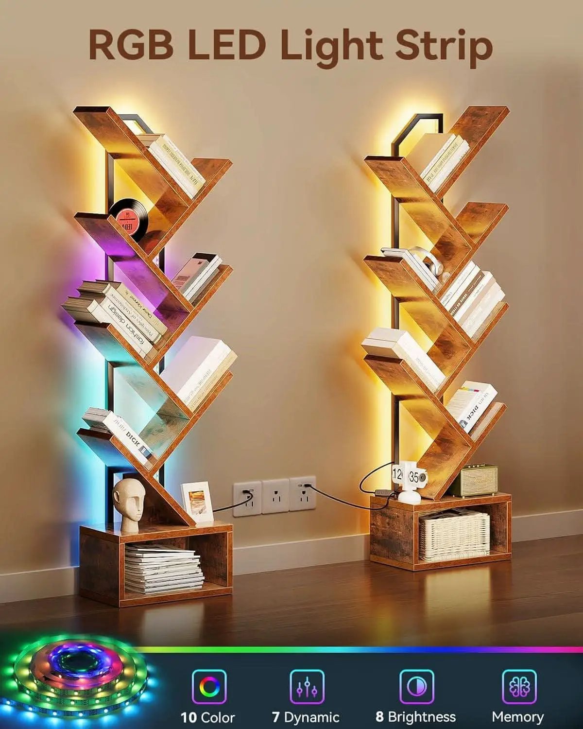 Six Tier Tree Bookshelf With LED Lights Narrow Floorstanding from PriceLows™