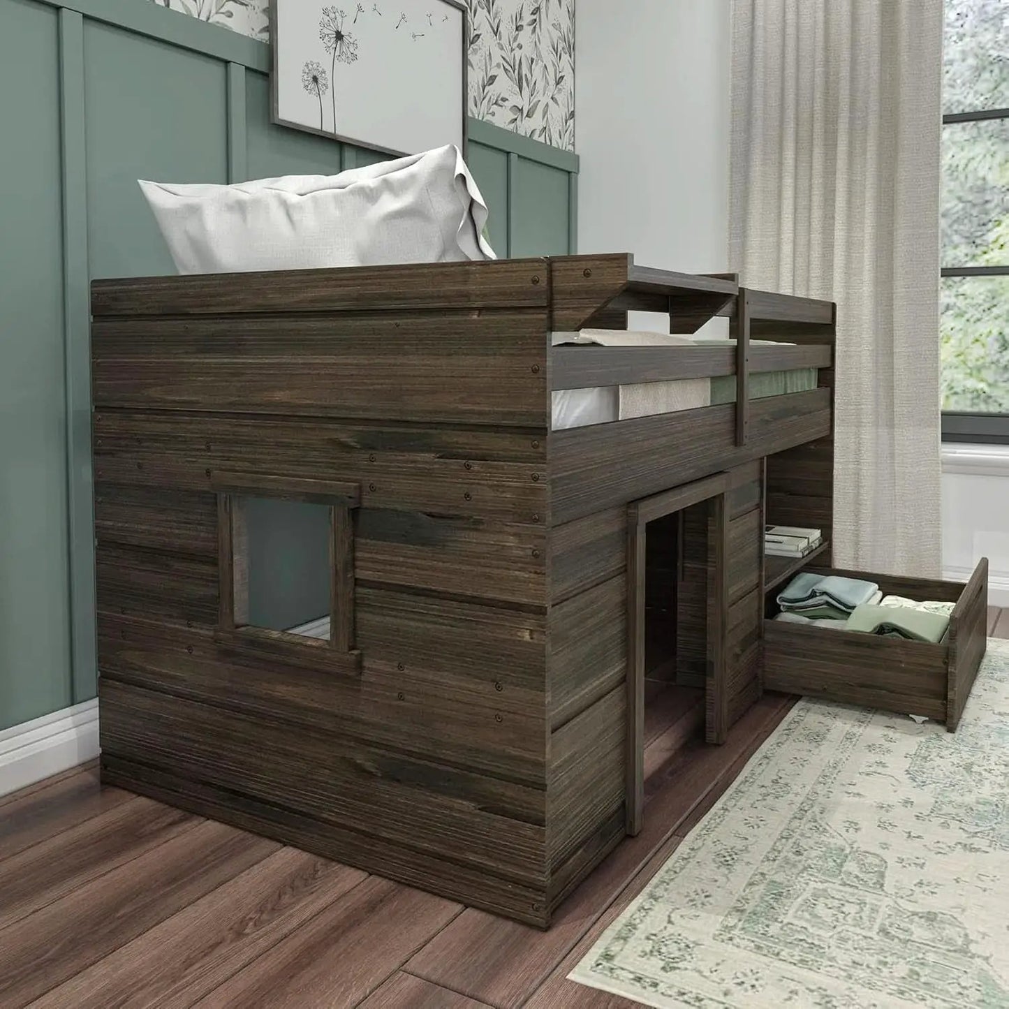Twin Size Solid Wood Loft Bed With Storage Drawer And Ladder Barnwood Brown from PriceLows™