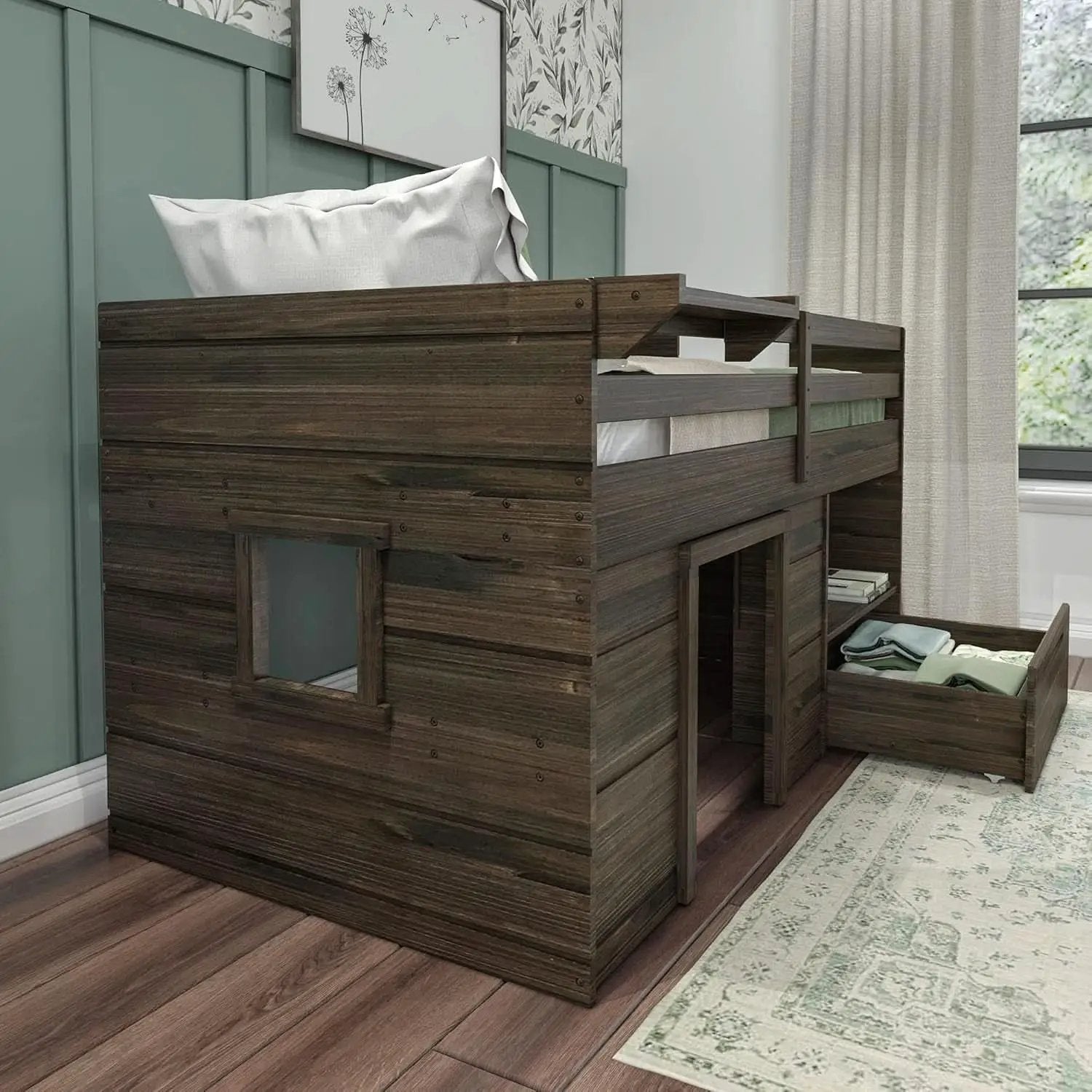 Twin Size Solid Wood Loft Bed With Storage Drawer And Ladder Barnwood Brown from PriceLows™