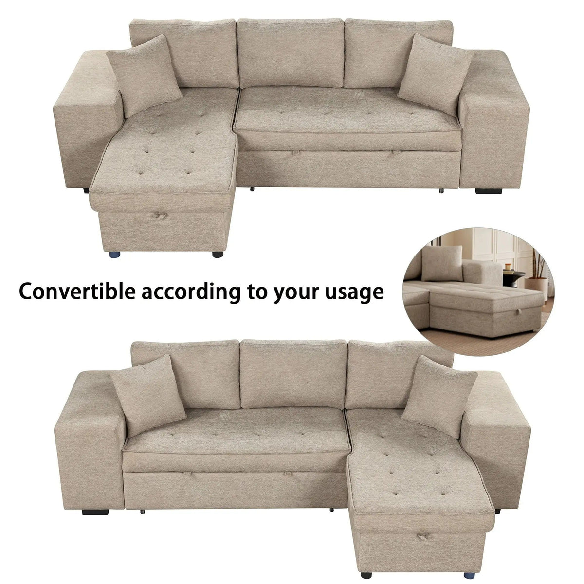 Modern L-Shape 3 Seat Reversible Sectional Couch, Pull Out Sleeper Sofa With Storage | 4 Pieces | Fabric | Living Room