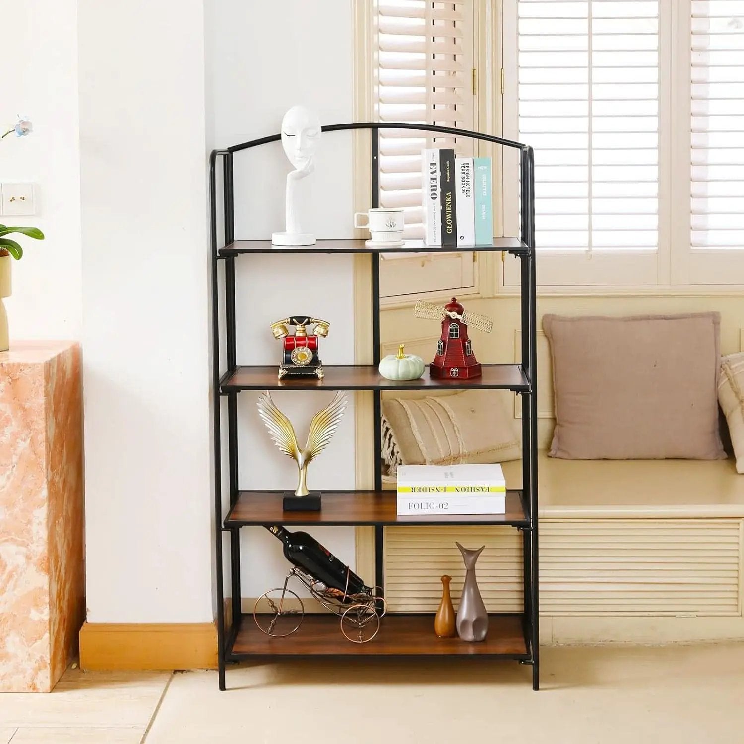 4 Tier Black Folding Bookshelf for Living Room Home Office from PriceLows™