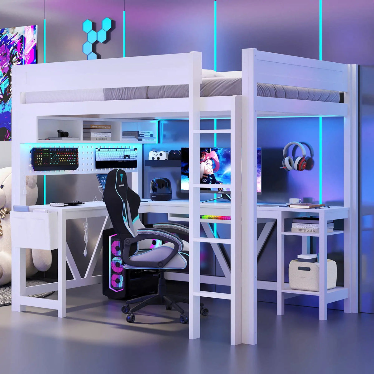 Gaming Loft Bed With Desk | Open Shelf And Fabric Storage Bag | Adjustable LED | Charging Station