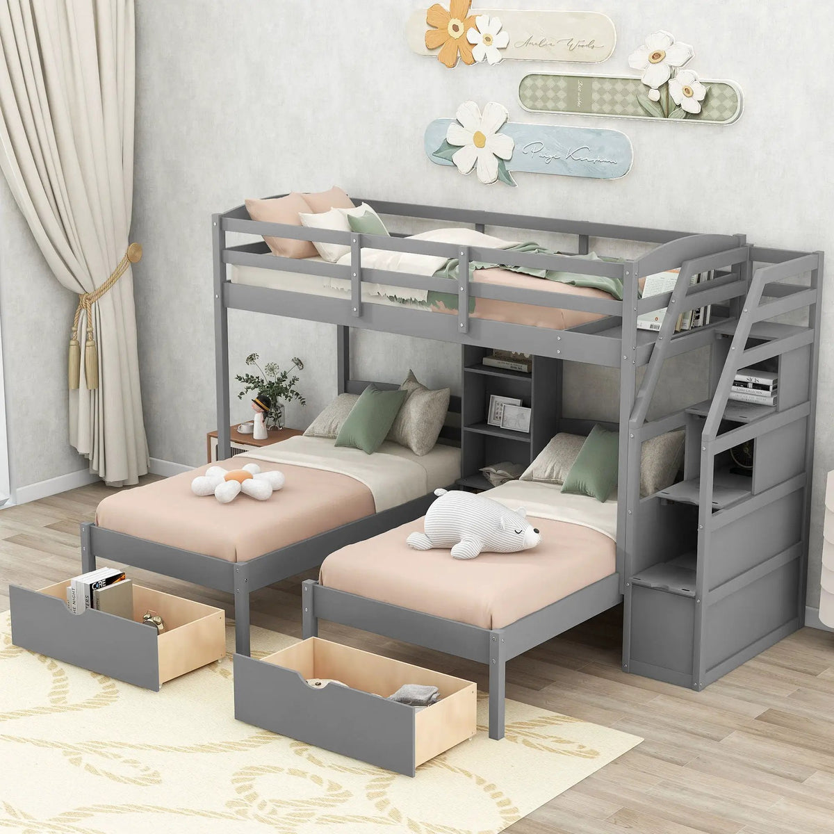 Twin Over Twin And Twin Bunk Bed | Drawers And Staircase Storage | Built-In Shelves | Gray