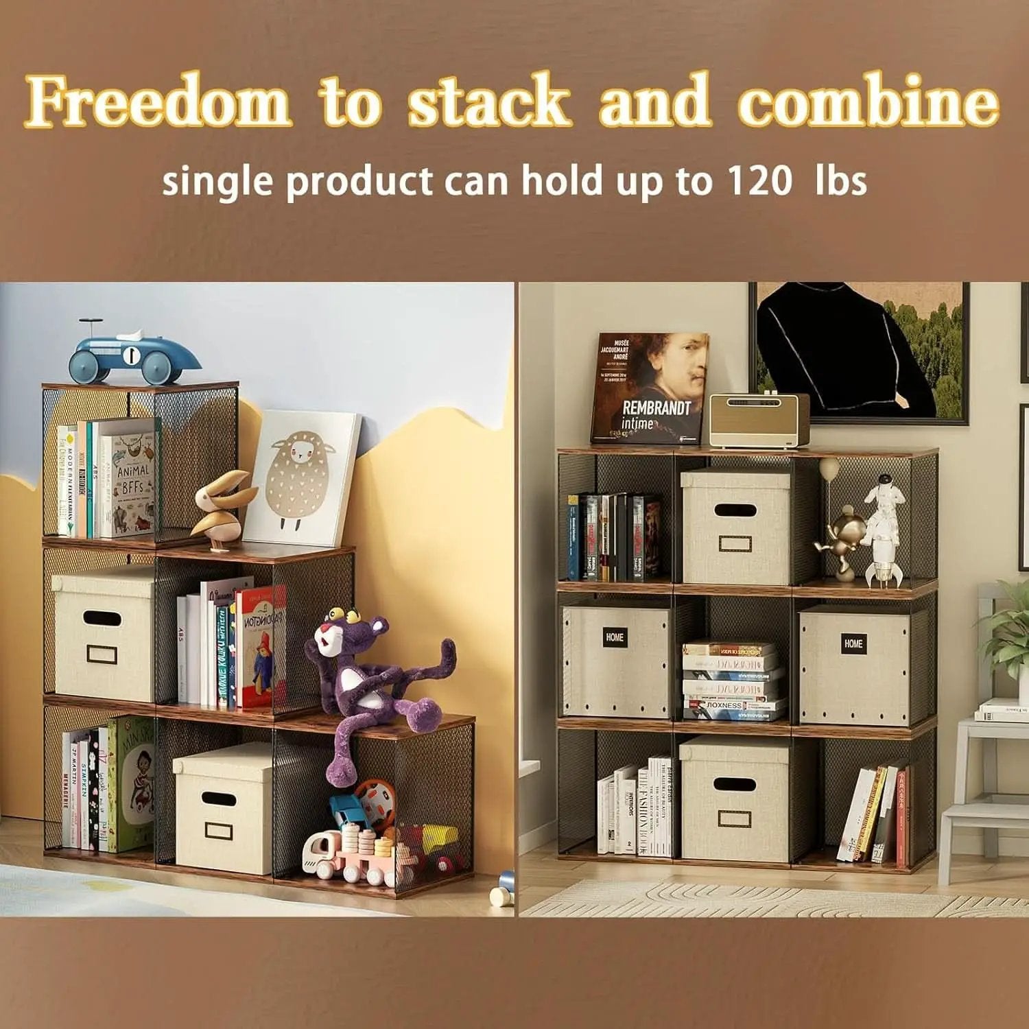 2 Cube Stackable Book Shelves Organizer Black Brown Wood For Kids Rooms And Living Spaces from PriceLows™