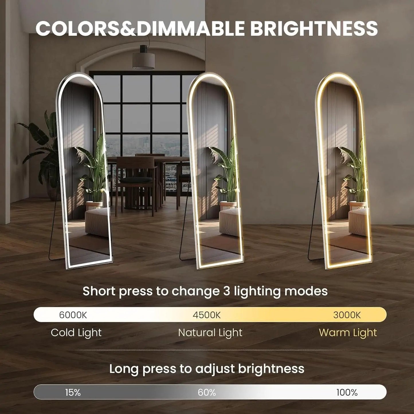 Arched Full Length LED Mirror 61x17 Inch Dimmable 3 Color Floor Stand from PriceLows™
