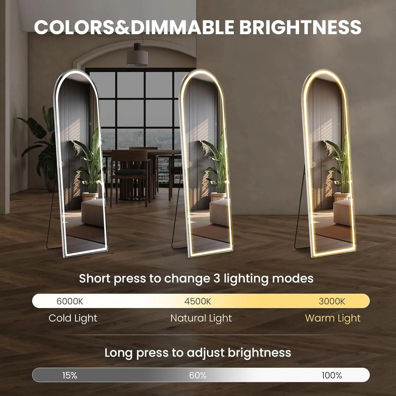 Arched Full Length LED Mirror 61x17 Inch Dimmable 3 Color Floor Stand from PriceLows™