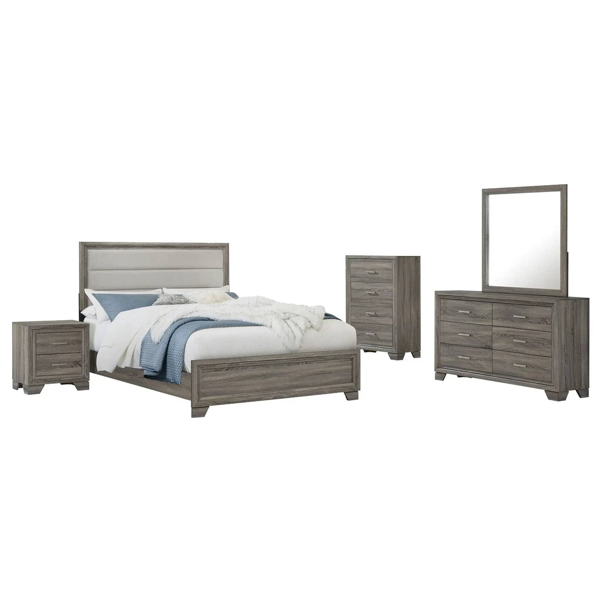 Wright 5-piece Queen Bedroom Set Brown | 5-Piece Set | Engineered Wood & Fabric | Oak