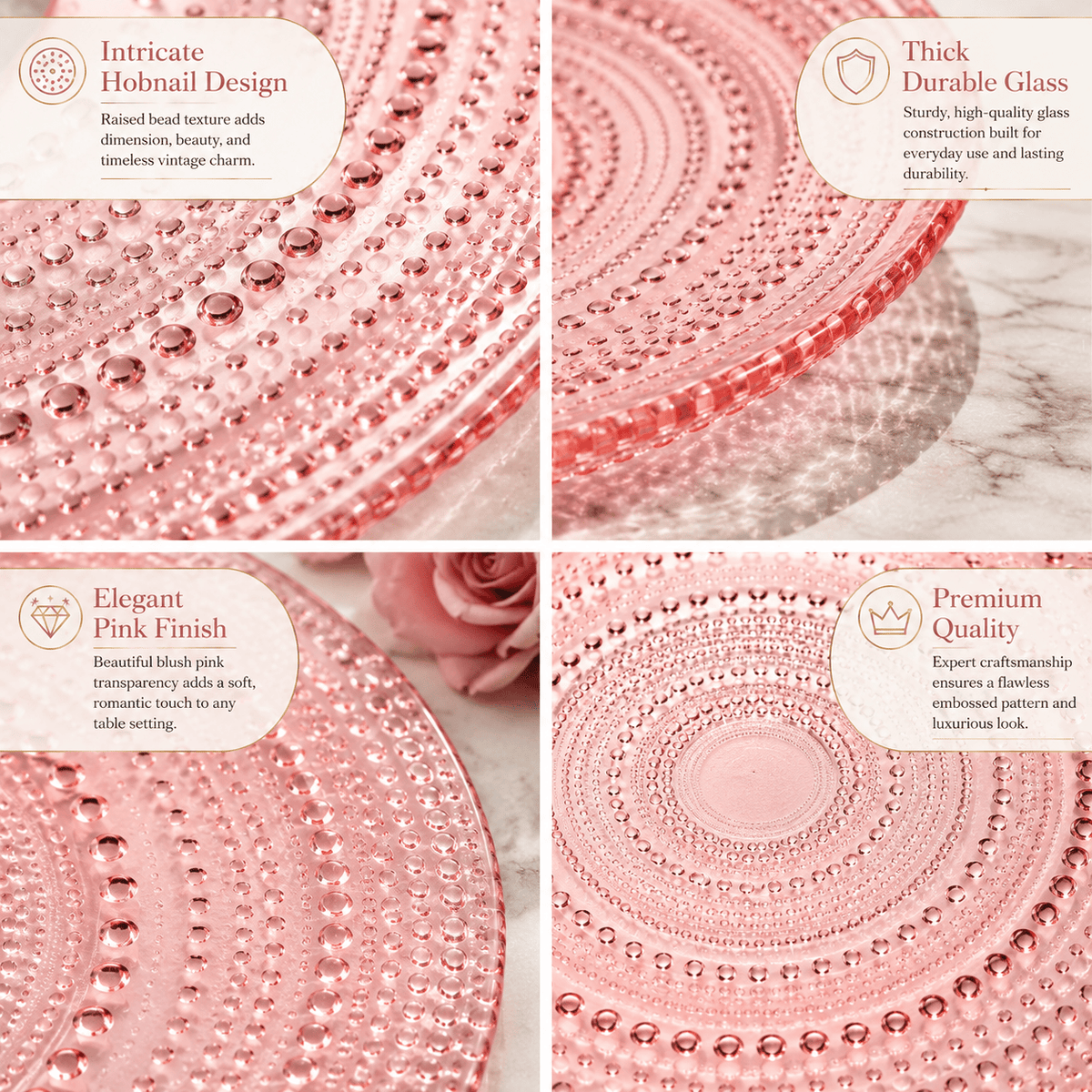 Blush Pink Hobnail Glass Dinner Plates, 10.6-Inch | Set of 4 | Glass | Entertaining