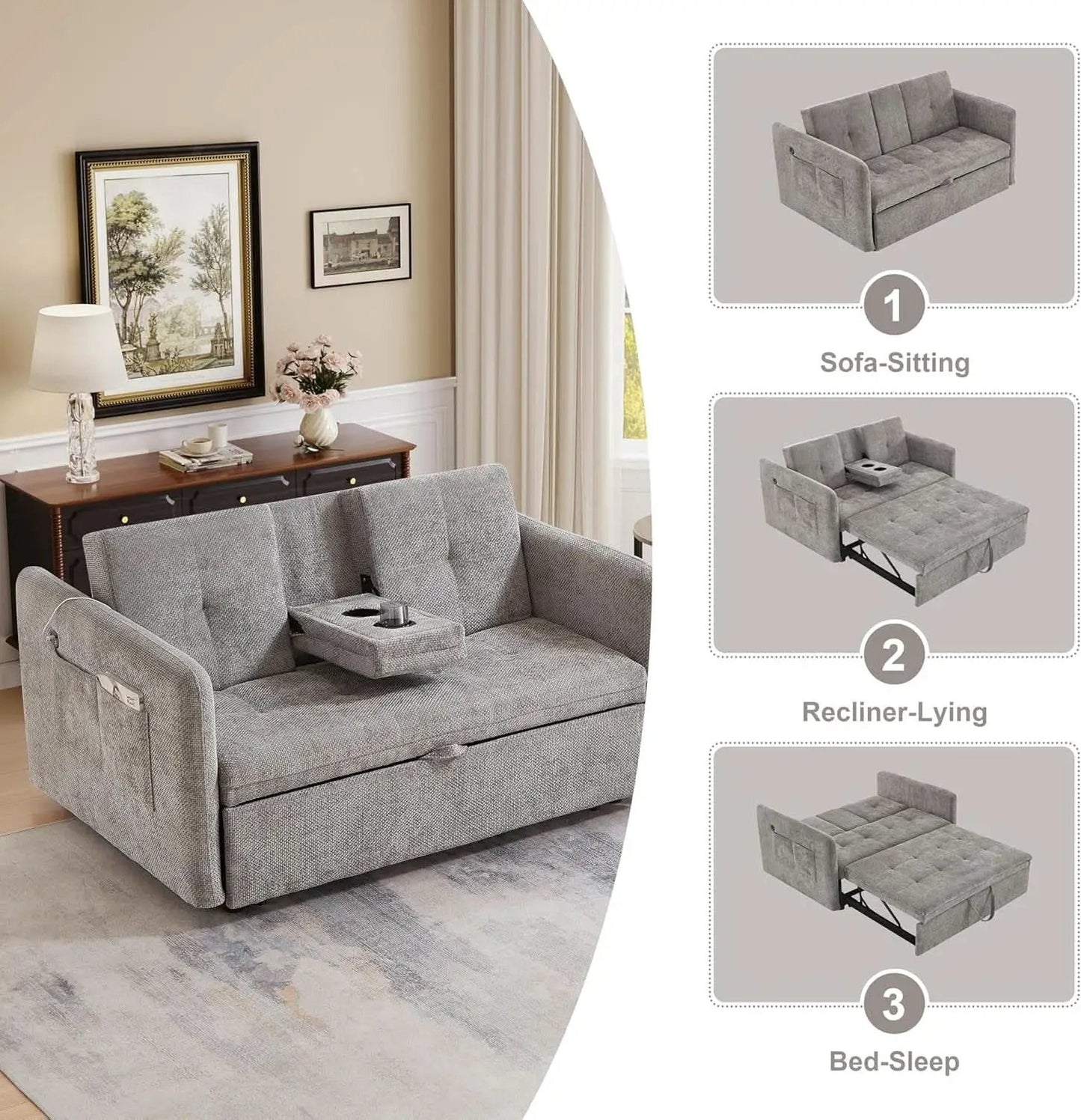 57 Inch Convertible Sofa Bed With USB Charging Ports Grey from PriceLows™