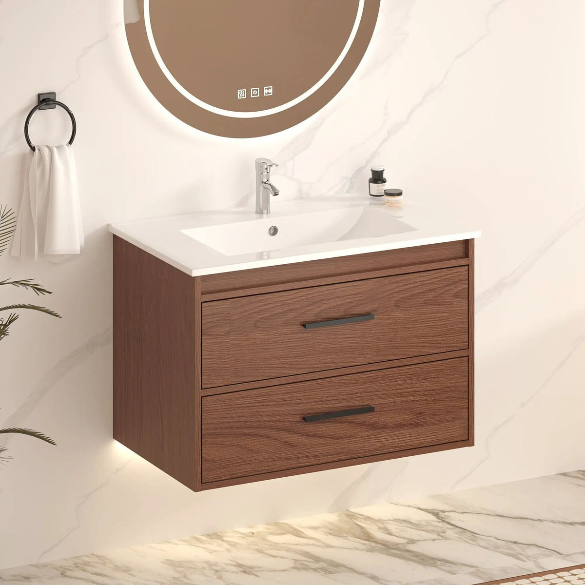 Wall Mounting Bathroom Vanity With Soft Close 2 Drawer, Sink Reddish | Vanity | Ceramic & Mdf | Brown