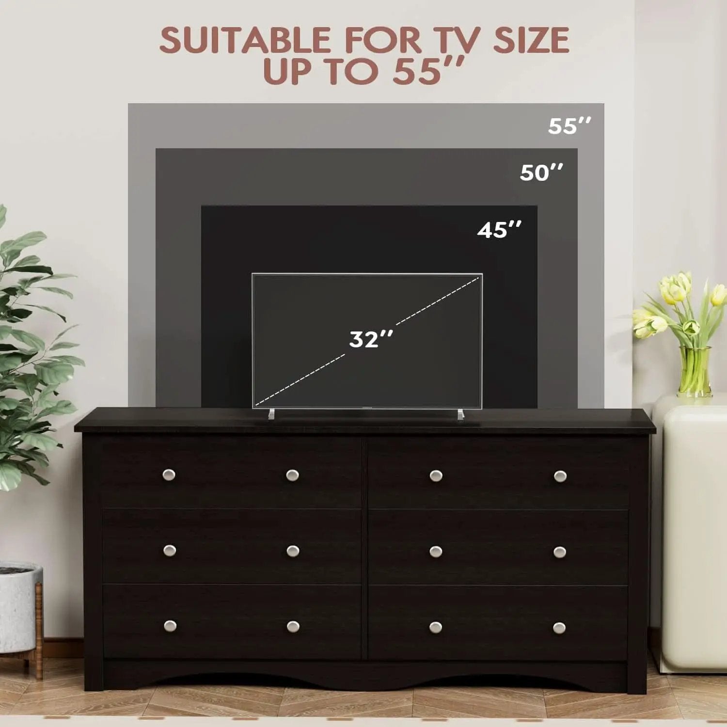 Brown Six Drawer Dresser And TV Stand Wide Wood Chest from PriceLows™