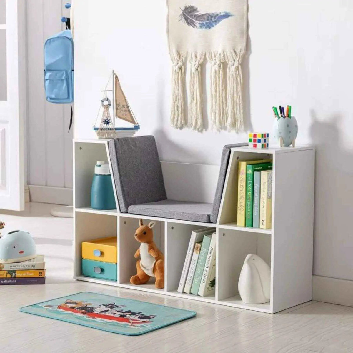 Kids Bookcase | 6 Cubby Storage | Cushioned Bench Seat | White