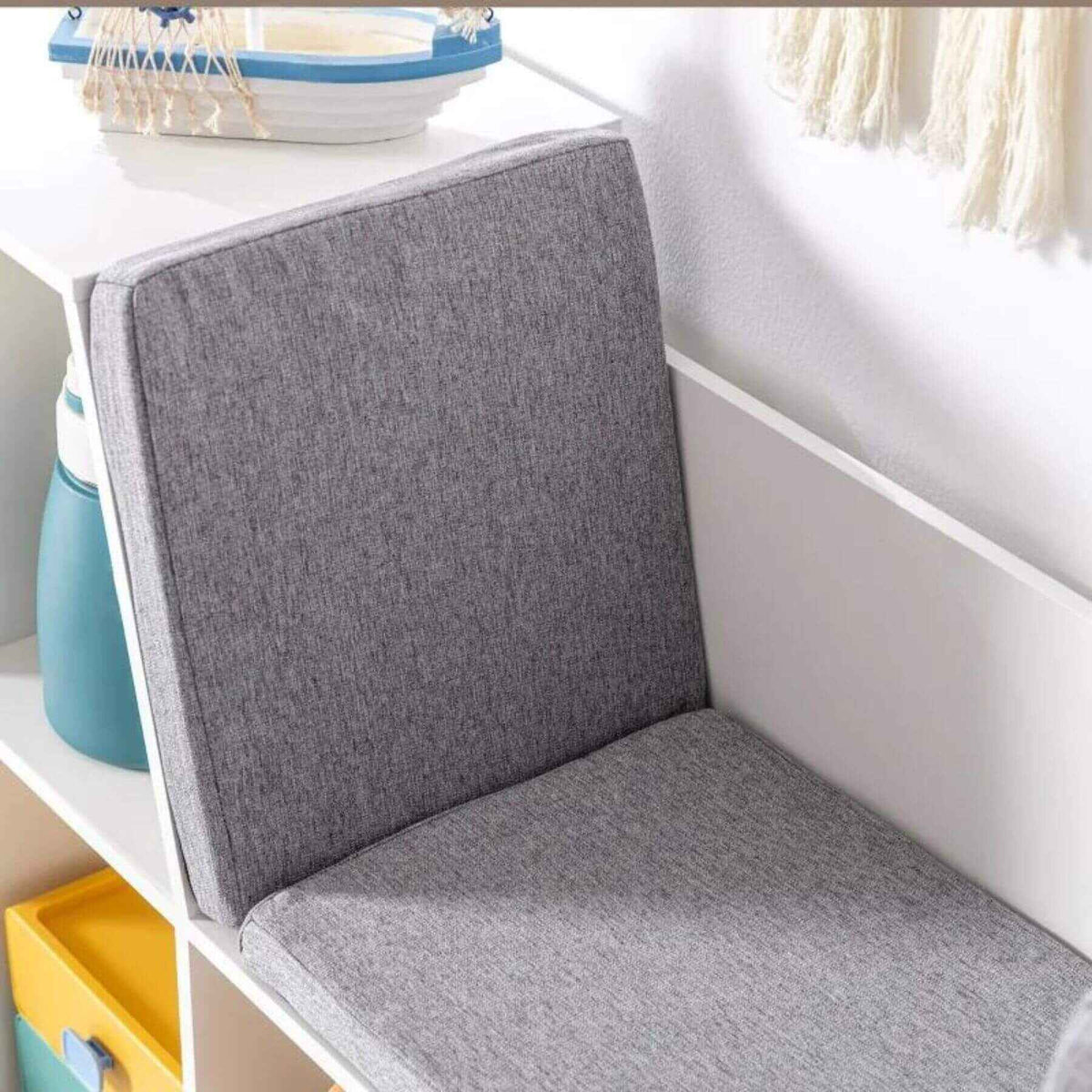 Kids Bookcase | 6 Cubby Storage | Cushioned Bench Seat | White