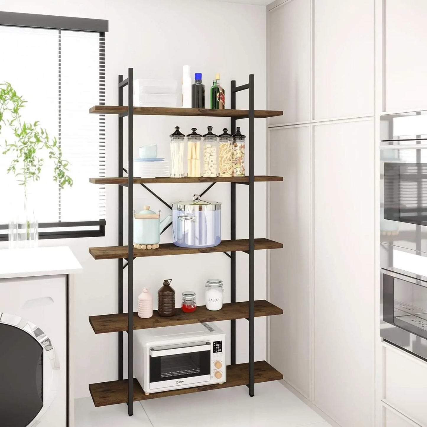 Five Tier Bookshelf Organizer Rustic Brown Metal Shelving from PriceLows™
